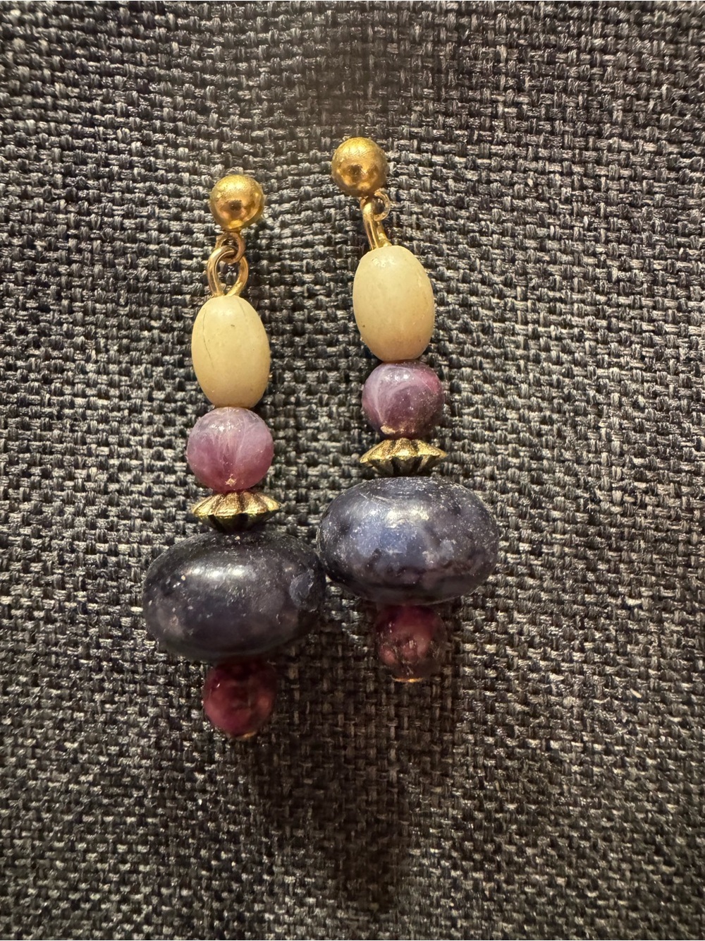 Vintage Handmade Purple Botswana Agate Gold Tone Dangling Earrings